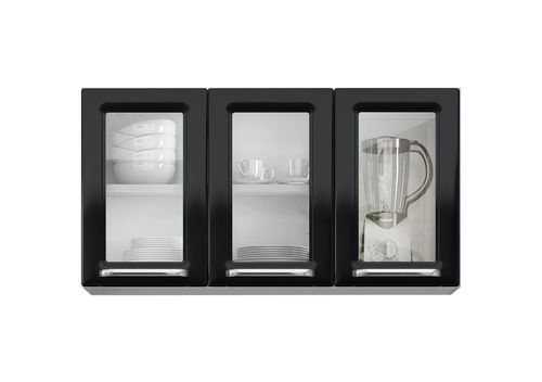 Armário Aéreo de Cozinha Preto 3 Portas com Vidro Luce