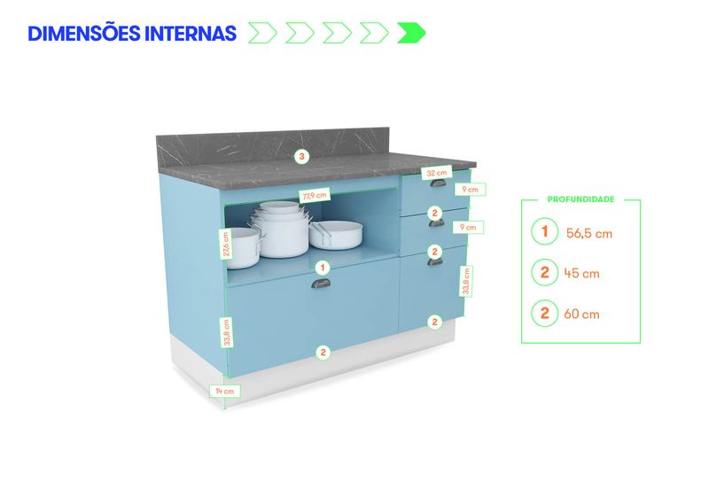 Balcão Cozinhas Itatiaia Retrô i1 - 1 Porta e 4 Gavetas - Azul Claro