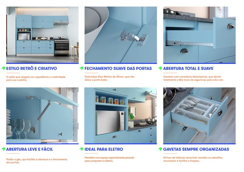 Cozinha Completa Azul Claro em Madeira MDF 4 Peças Master Retrô i1 com Paneleiro
