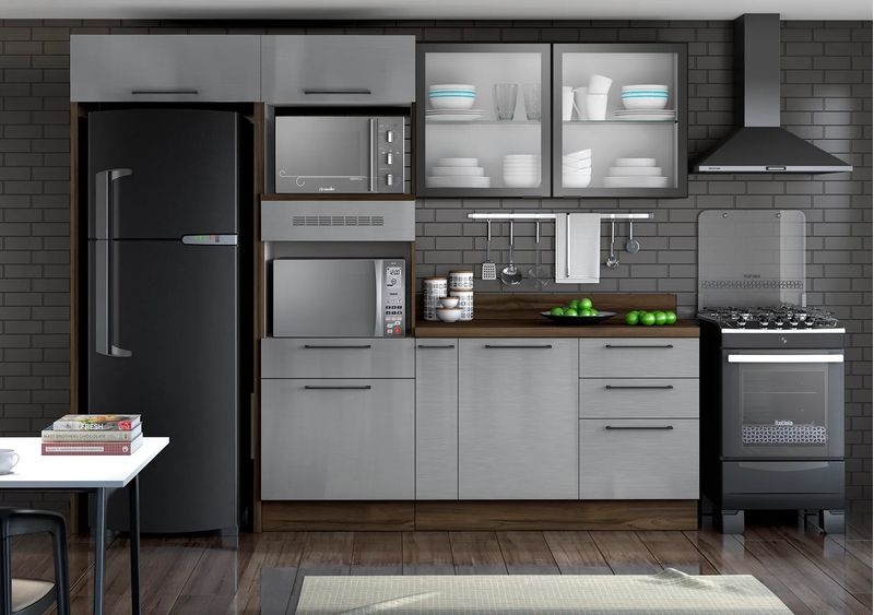 Cozinha Completa Inox em Madeira MDP 4 Peças Gourmet com entrada para 2 fornos