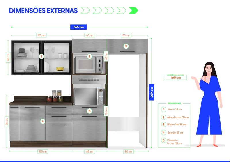 Medidas Cozinha Completa Inox em Madeira MDP 4 Peças Gourmet com entrada para 2 fornos