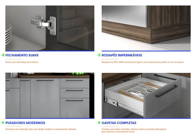 Cozinha Completa Inox em Madeira MDP 4 Peças Gourmet com entrada para 2 fornos