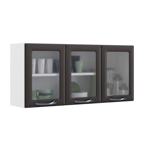 Armário Aéreo de Cozinha Grafite 3 Portas com Vidro New Premium
