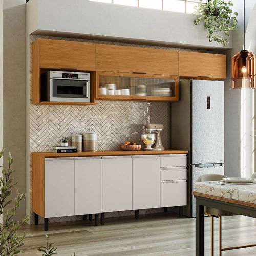 Cozinha Completa Itatiaia Cinamomo e Off White em Madeira 270cm Namur com Porta de Vidro Temperada Canelada