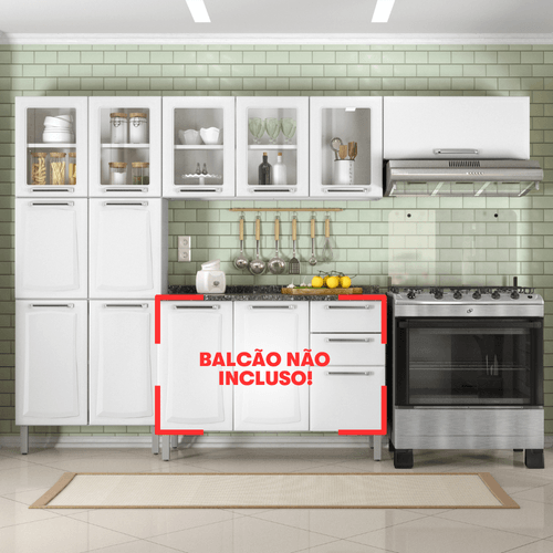 Cozinha Completa Tarsila 280cm em Aço Branca com Vidro