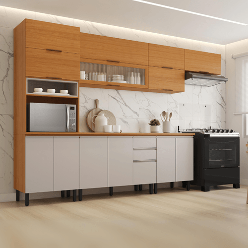 Cozinha Completa Itatiaia Cinamomo e Off White em Madeira 340cm Namur com Espaço para Forno ou Micro-ondas e Porta de Vidro Temperada Canelada