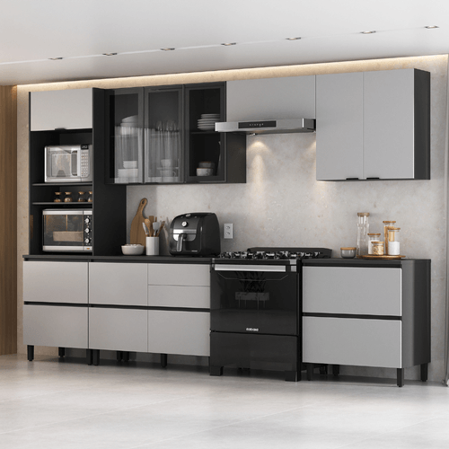 Cozinha Completa Itatiaia Lumina 350cm em Madeira MDF Grafite/Fendi