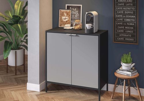 Balcão Multiúso Alto Itatiaia com 2 Portas em Aço Preto c/ Cinza Matte Smart