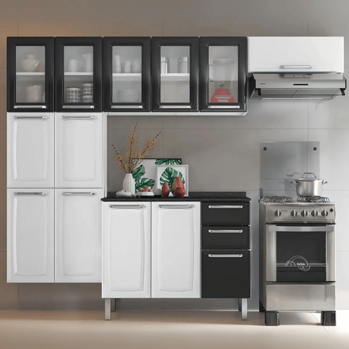 Cozinha Completa Branca e Preta em Aço 4 Peças Luce com 5 Vidros