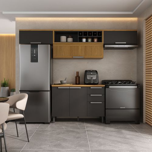 Cozinha Compacta 270cm 6 portas 2 gavetas New Porto Grafite Madeira Itatiaia