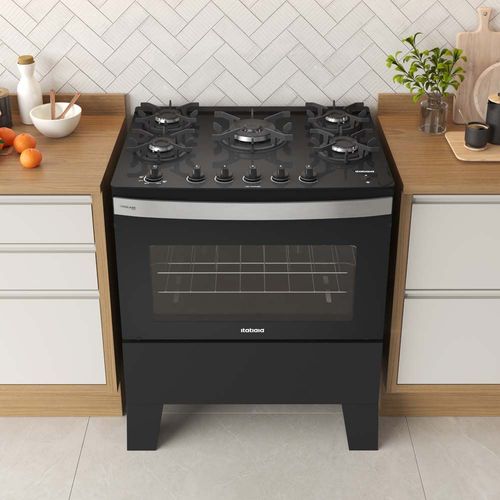 Fogão 5 Bocas Itatiaia com Tripla Chama e Mesa de Vidro Preto Itaglass Plus