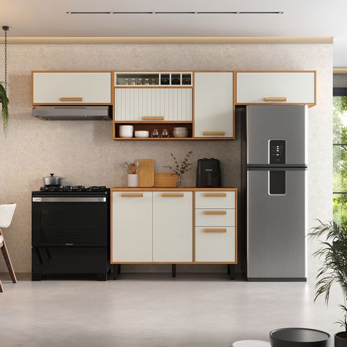 Cozinha Compacta em MDP Itatiaia Nápoles Off White e Cinamomo 280cm